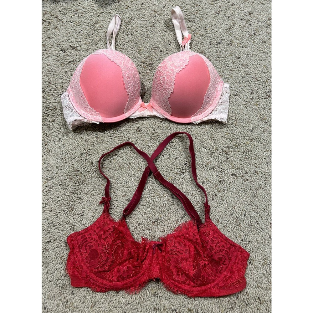 LOT 2 VICTORIA'S SECRET 32C BRA~ Dream Angels PUSH UP - CORAL & RED LACE K23